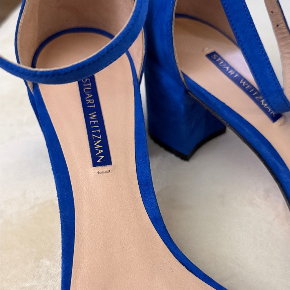 $0 SHIPPING Stuart Weitzman Cobalt Blue Suede Ankle-Strap Block Heels - Picture 2 of 6